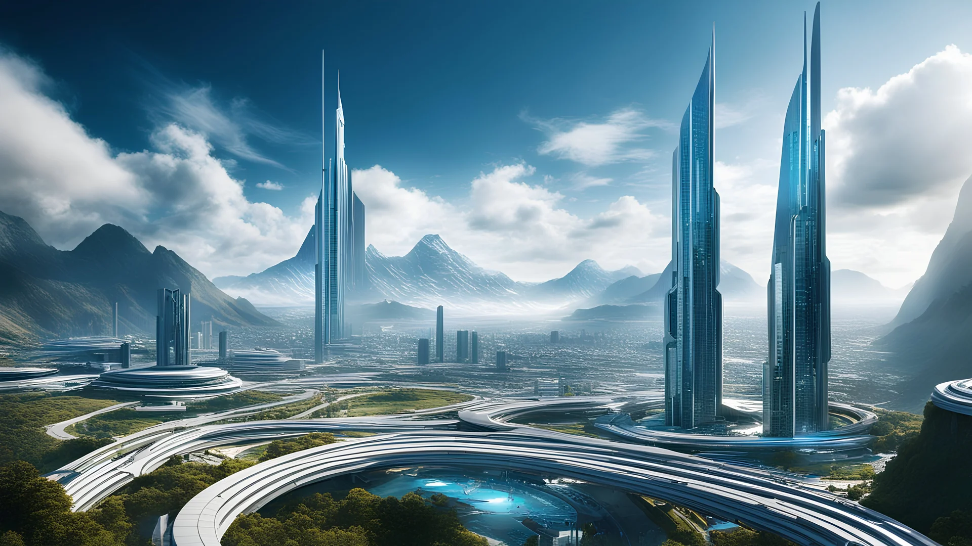 2034. Sci-fi fantasy: high-quality, futuristic image, a cityscape in the year 2050, with advanced technology seamlessly integrated into the architecture and lifestyle of the inhabitants, award-winning photograph, abstract image, beautiful composition, science-fiction, mountains, clouds, clear atmosphere, crisp focus, 35mm lens, adjust perspective