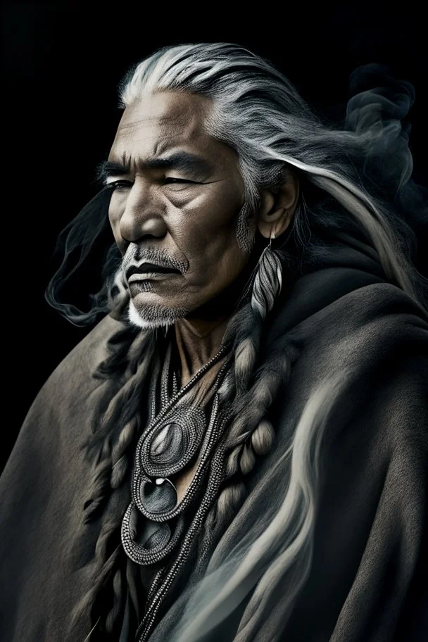 a photo of an Native american indian man with ethnic jewelry, grey hair and grey flowing robe, in style of Annie Leibovitz, contemporary portrait of a mature yet beautiful and modernist man, black and grey, detailed masculine face, swirling fluid smokey enigma, award-winning artwork