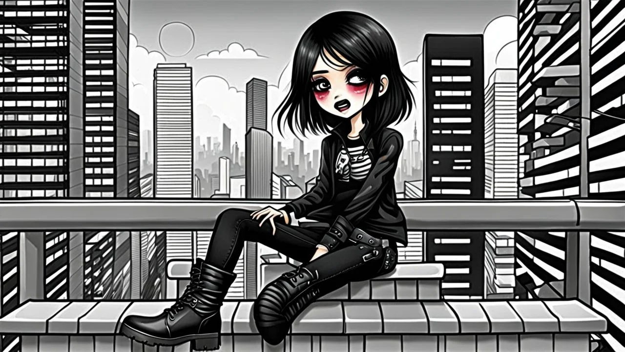 one cute weird emo style detalied cartoon girl with dark eyes, dark hairstyle, black jeans , black make up, and black boots. she sittings on upstairs and she no smiles, background a cartoon modern downtown city , office buildings, no Chinese subtitles, wide streets, markets, full body, digital art, detalied, illustration.