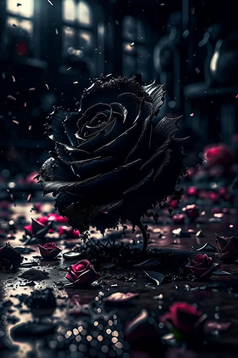 image of a black rose, petals are falling to the ground, each petal has a cinematic scene on it like an old cinema movie scene, one of a fighting couple, the other of them laughing, a third one of a girl crying, the theme is built around the picking of petals while saying he loves me, he loves me not, cinematic lighting, 8k highly detailed, surreal and striking