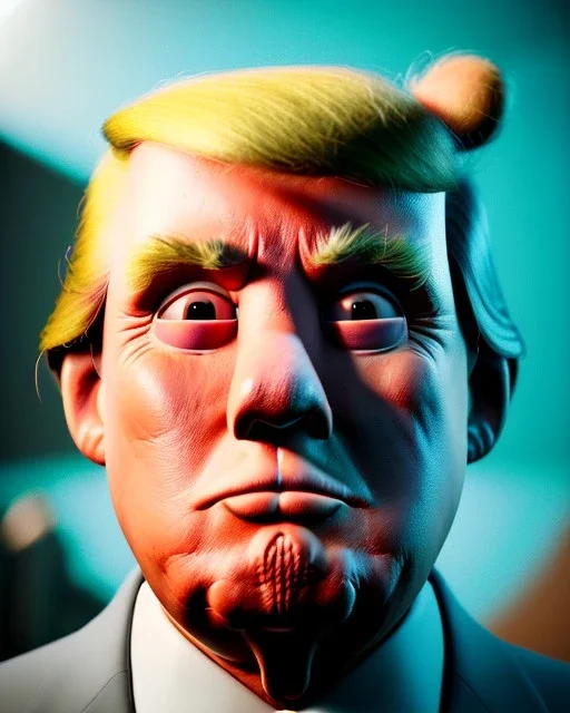 Waist up Portrait, Donald trump muppet, Wes Anderson style, photo studio, unreal engine 5, god lights, ray tracing, RTX, lumen lighting, ultra detail, volumetric lighting, 3d.