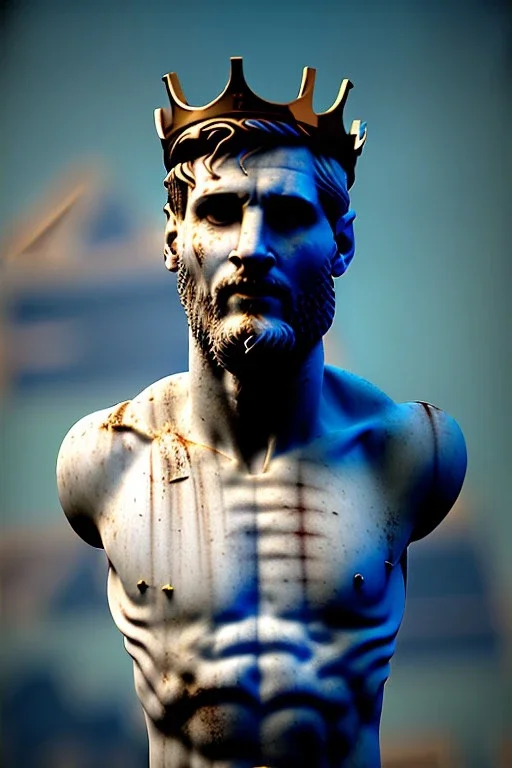 Ultra Realistic image, Roman sculpture, white marble material, Lionel Messi, gold crown of natural thorns, god crown, Miguel Angel style, sun rays background, waist up portrait, epic, celestial, cinematic lighting, God lights, 4k resolution, smooth details, soft lighting, unreal engine 5, art station, substance 3d.