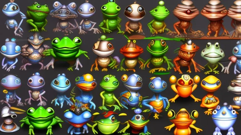 game sprite sheet of 30 images of stylized frog, view from six different angles covering 360°, collection sheet, arcade game, realistic