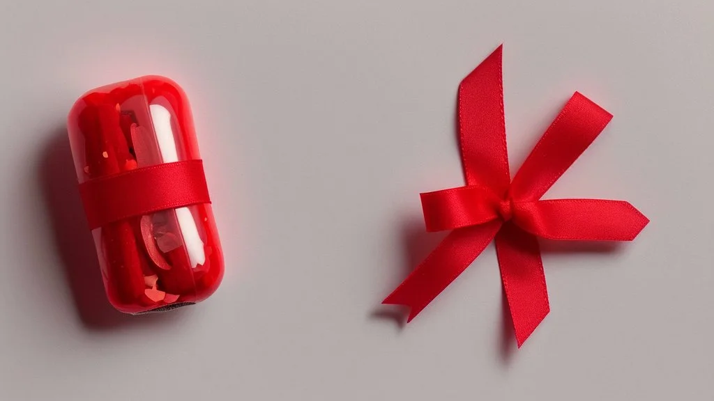 a packet of red pills, a torn red ribbon, on a white background
