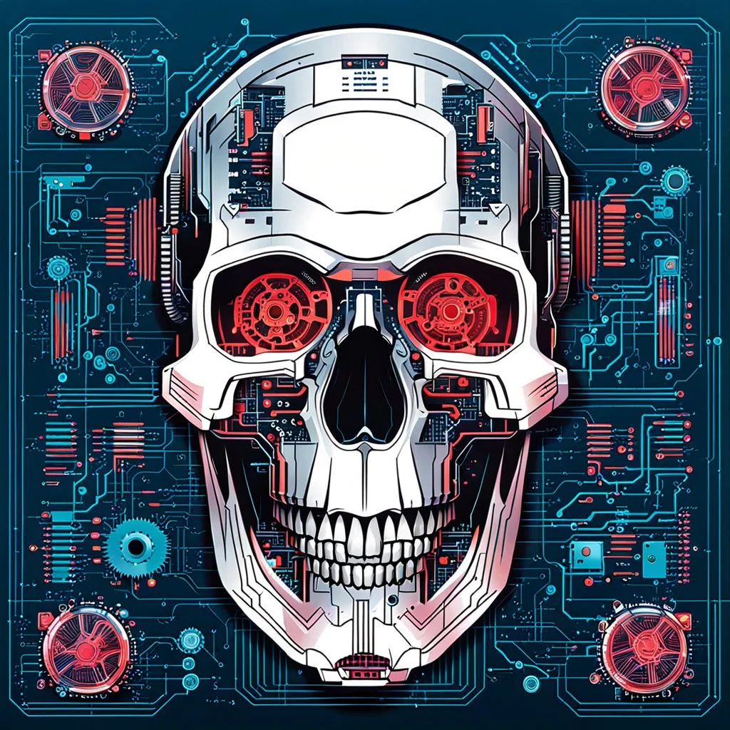 FLAT VECTOR LAYERED IMAGE OF CYBERNETIC SKULL PARTS IN A SCHEMATIC