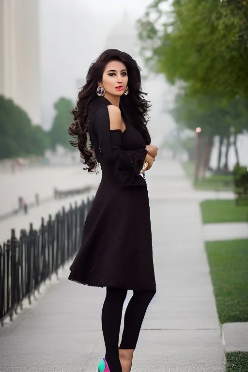 full body long shot of beautiful Tajik woman with make up ,high heels,pretty body shape ,standing nice high heels Tajik in street next to white house, hair in the wind, the gaze lost. diamonds and precious stones. fog. candy. pleasing rainbow colors to look at. high resolution. Perfect face. long shot ,sharp focus background ,camera :f/22 , White Hose be in sharp focus .