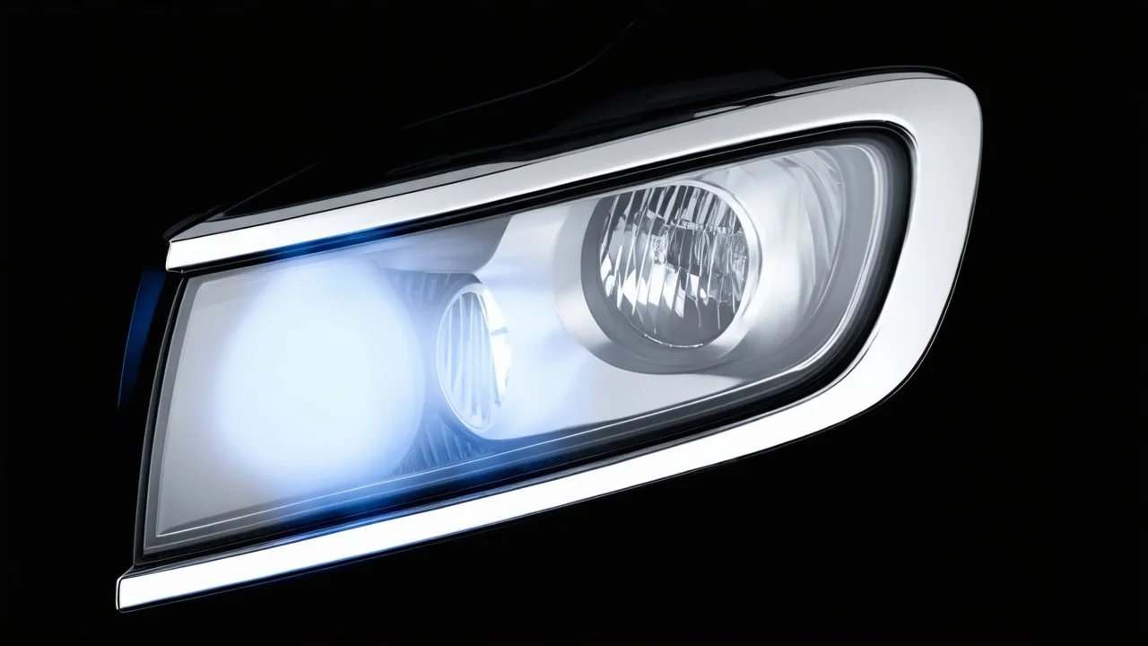 vehicle headlight(with chrome trim) on black background, add details and inner glow