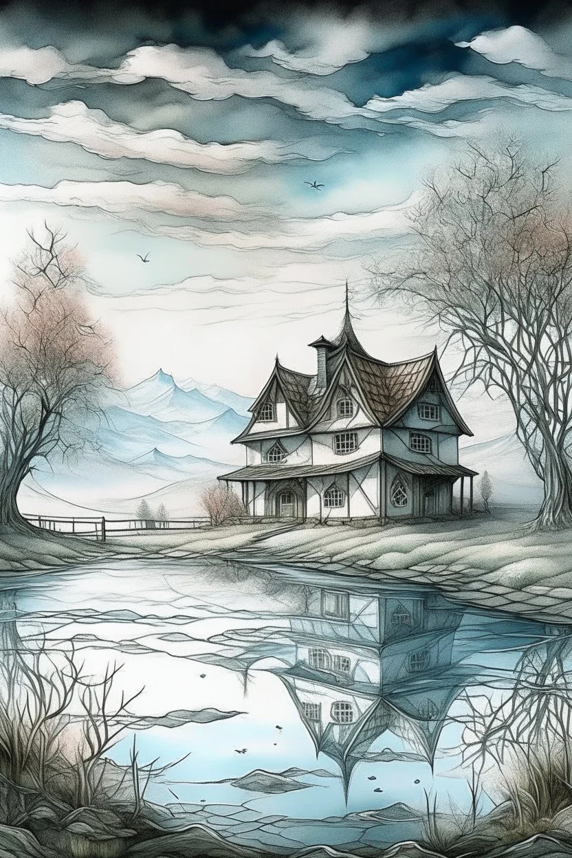 The place where the Dream and its followers live. A reflection of the sky. Watercolor, new year, fine drawing, beautiful landscape, pixel graphics, lots of details, pastel aqua colors, delicate sensuality, realistic, high quality, work of art, hyperdetalization, professional, filigree, hazy haze, hyperrealism, professional, transparent, delicate pastel tones, back lighting, contrast, fantastic, nature+space, Milky Way, fabulous, unreal, translucent, glowing