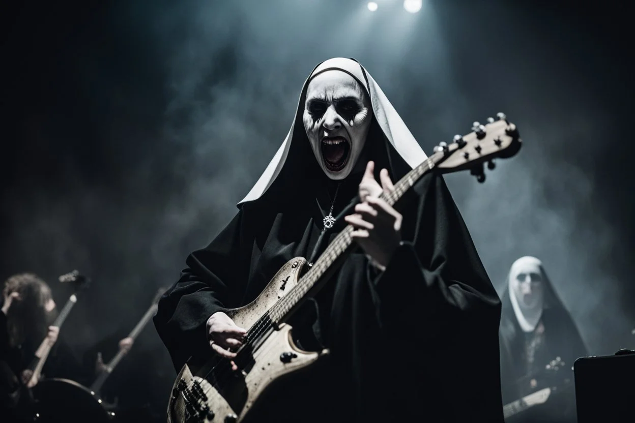 jeptiška hraje na pódiu v blackmetalové kapale na baskytaru a řve do mikrofonu, ponurá atmosféra, veliká scéna koncertu, pentagram, obrácený kříž, veliký kontrast, hodně detailů, fotorealistické, RAW