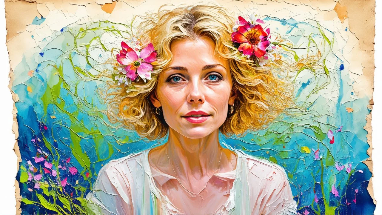 abstract art complementary colors fine details , old torn worn paper, high grain, portrait blonde , flowers in hair, acrylic, alcohol ink, fine drawing, A blonde woman in her 40s, with flowers woven into her loose, curly hair, sits in a whimsical, fairytale setting, surrounded by delicate swirling patterns reminiscent of the textures of old torn paper, in a vibrant, abstract style combining acrylic and alcohol ink techniques, with fine detailing that highlights complementary colors, in the expre