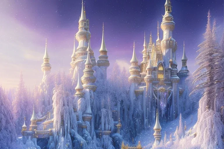 a magic fairy tale style, white and gold castle，waterfall, winter snow flakessnow, northern Lights, full of details, smooth, bright sunshine，soft light atmosphere, light effect，vaporwave colorful, concept art, smooth, extremely sharp detail, finely tuned detail, ultra high definition, 8 k, unreal engine 5, ultra sharp focus