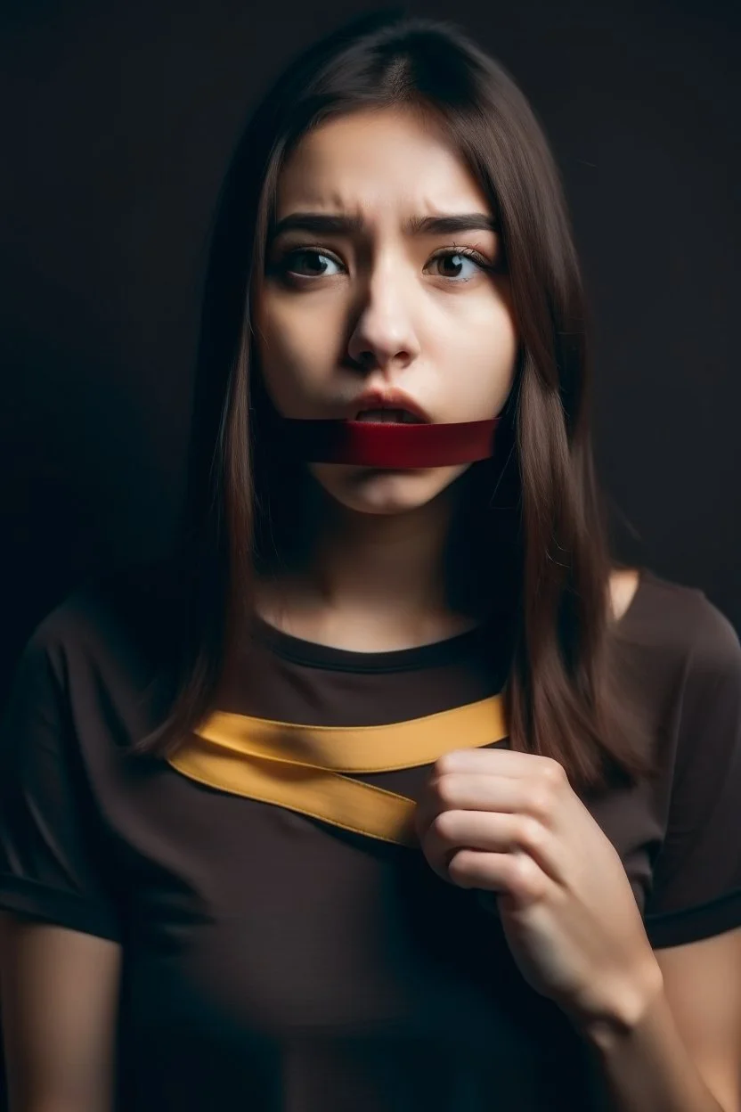 A girl with short shirt and tape over mouth