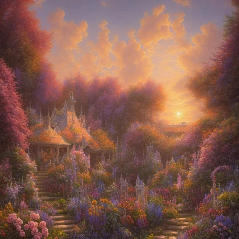 View of a beautiful sunset in the garden, oil on canvas, intricate, portrait, 8k highly professionally detailed, HDR, CGsociety, illustration painting by Mandy Jurgens and Małgorzata Kmiec and Dang My Linh and Lulu Chen and Alexis Franklin and Filip Hodas and Pascal Blanché and Bastien Lecouffe Deharme, detailed intricate ink illustration, heavenly atmosphere, detailed illustration, hd, 4k, digital art, overdetailed art, concept art, complementing colors, trending on artstation, Cgstudio