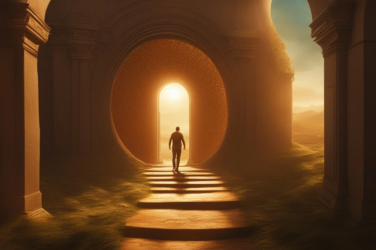 a man moving through a portal, photorealistic, Detailed Matte Painting, Deep Colour, Fantastical, Intricate Detail, sunshine