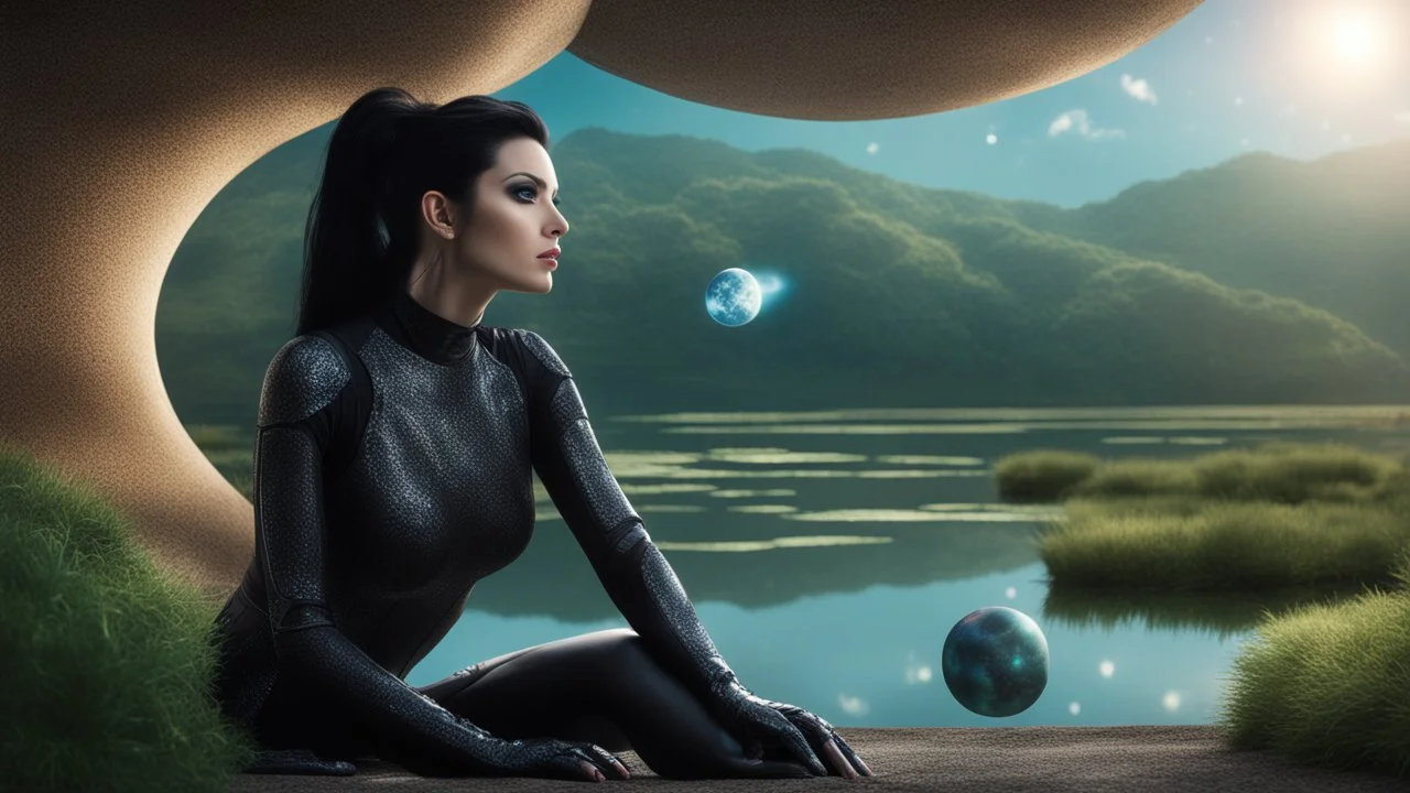 fantasy photo of a woman with black hair, sitting on a ledge over a pond, wearing an android-looking catsuit, sideways, with a planet behind her head