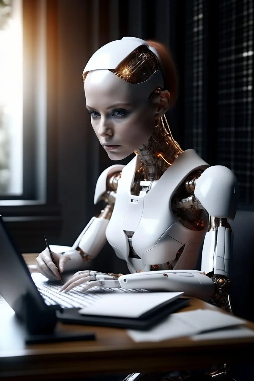 generate a front cover representation of Ai photo realistic attractive female humanoid bot writing a book at a desk