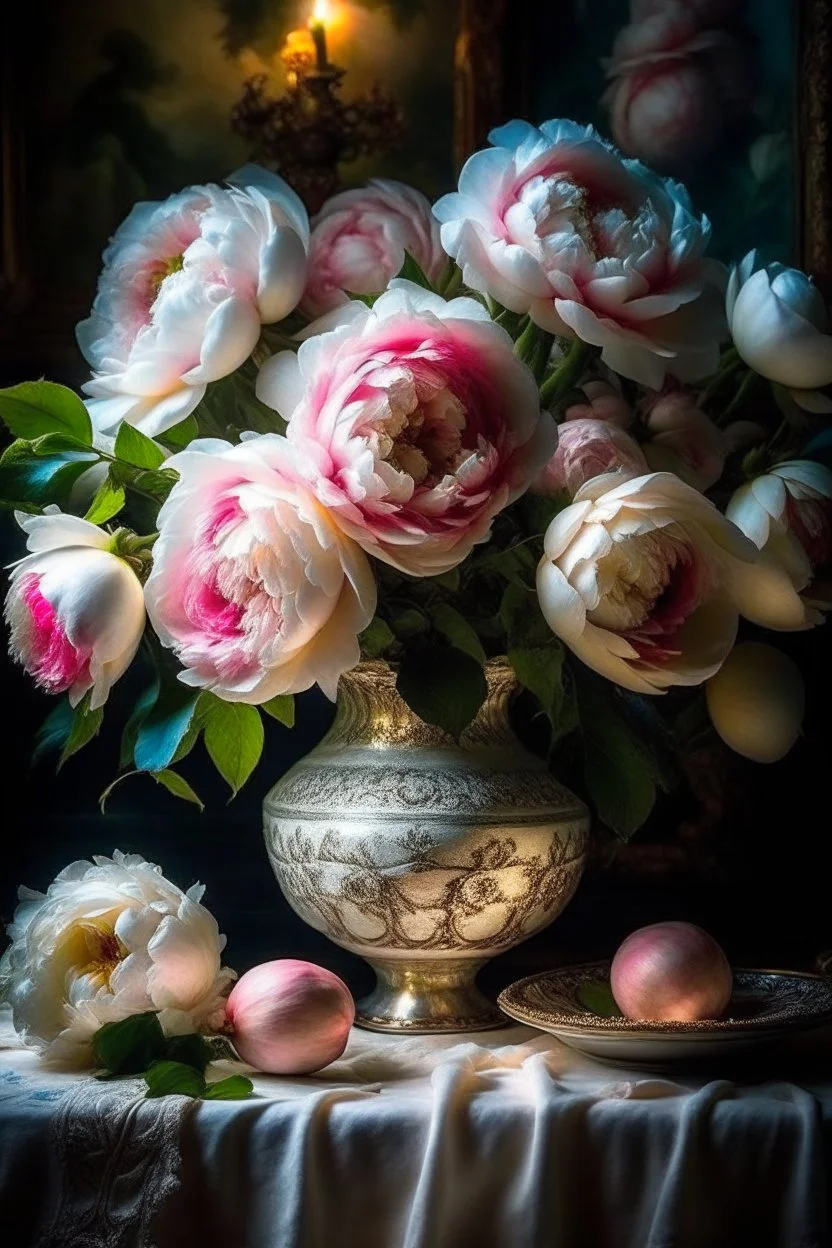 a magnificent, huge bouquet of white and bright pink peony-shaped roses on the table, a beautiful tablecloth, candles, a white vase, hyperphotorealism, mega-volume watercolor,impressionism,ultra-detail,filigree, cinematic, symmetry,many details,dark botanical, beautiful illumination from the inside, soft play of shadows and light, lumen,octane, aesthetically pleasing,beautiful, dim lighting,5d,64k,600dpi,30mm lens,1/250s, f/2.8,ISO5000