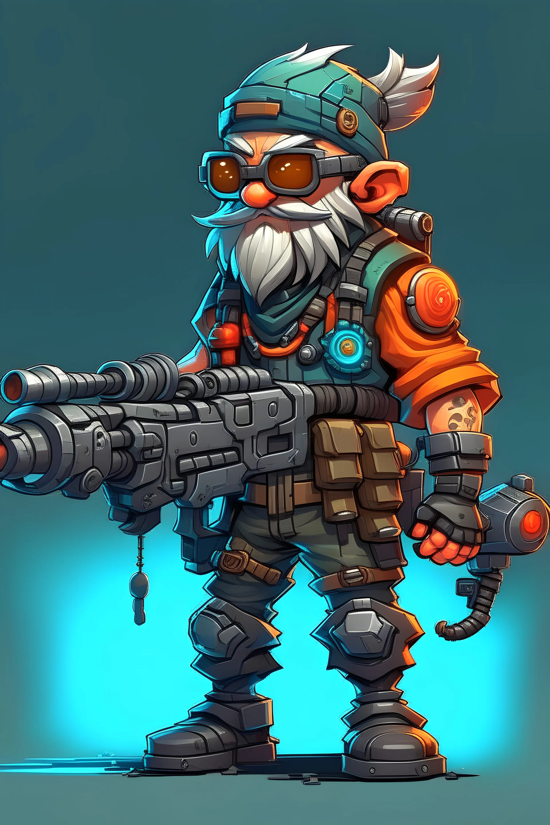 video game character, cyberpunk gnome, with a gattling gun