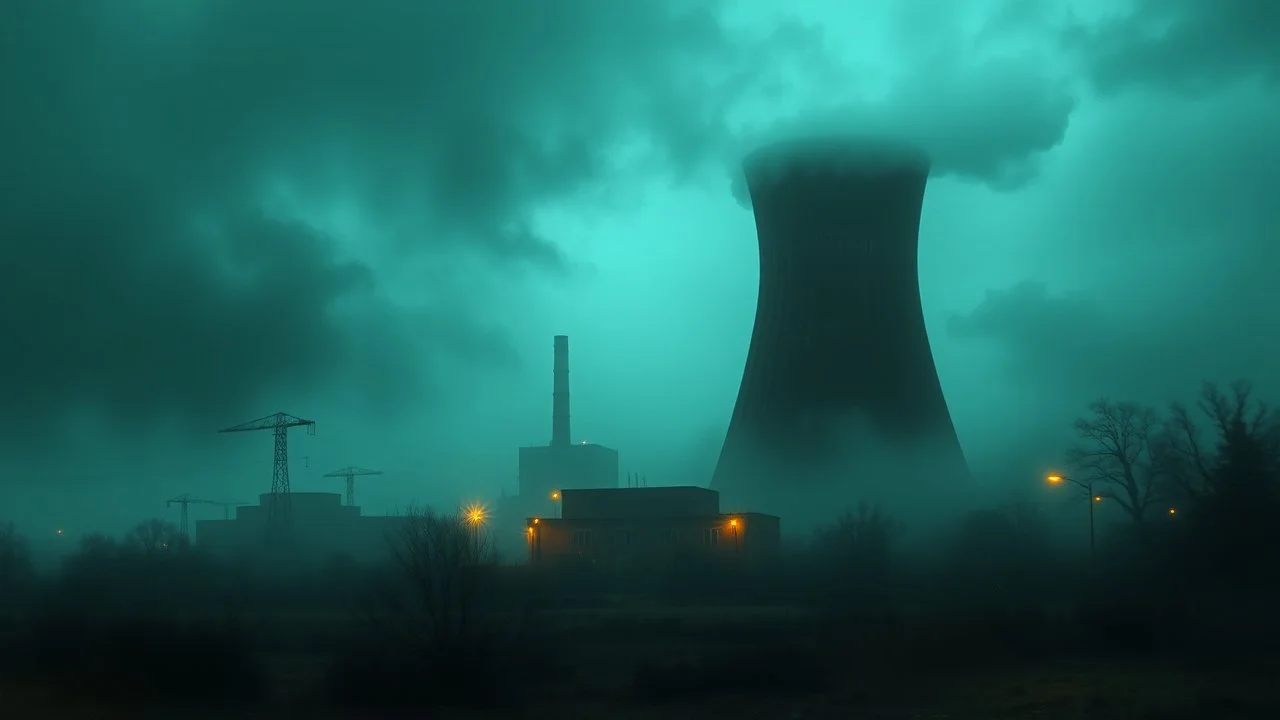 dark and mysterious, Old nuclear power plant, mutted teal and terracota color scheme, dark shadows and fog, blurred, neo-expressionism