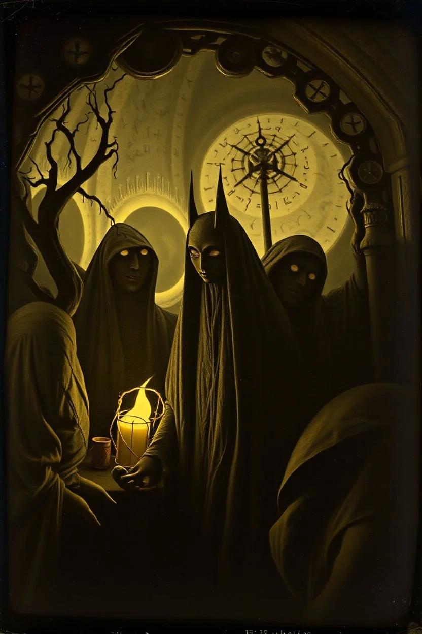 Daguerrotype close up some mysterious figures, odd background, Hieronymus Bosch Max Ernst ambient light, by Minicavio Quollati and Marlost Endgulp, Amano, Botticelli, Alphonse Mucha