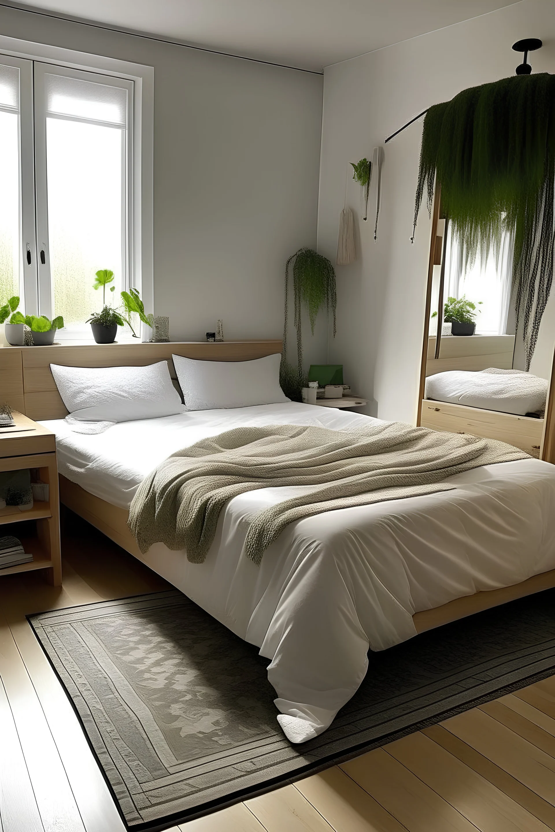 Decorate this bedroom. Create an nature enviroment with accessible furniture (i.e., can be purchased in Ikea)