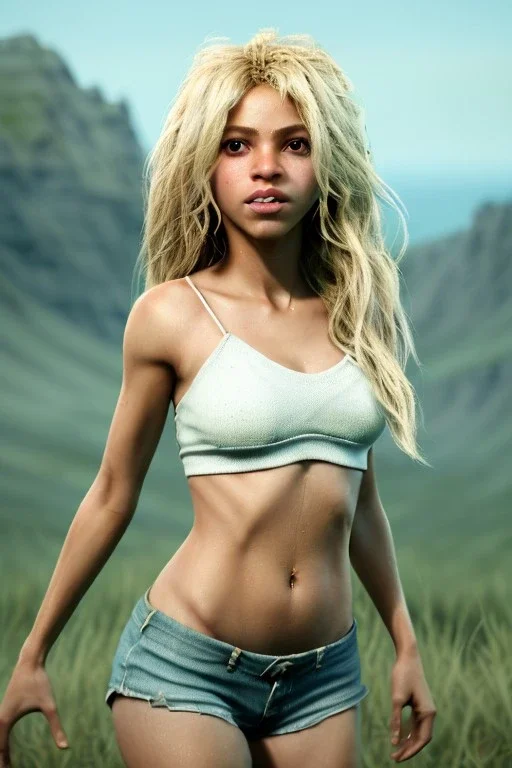 Shakira, artist, 30 years old, Realistic image, waist up portrait, Helmut Newton style. blonde, loose long hair, wind, eyes make up, perfect, glow, circle iris. concept art, smooth, unreal engine 5, god lights, ray tracing, RTX, lumen lighting, ultra detail, volumetric lighting, 3d, finely drawn, high definition, 4k.