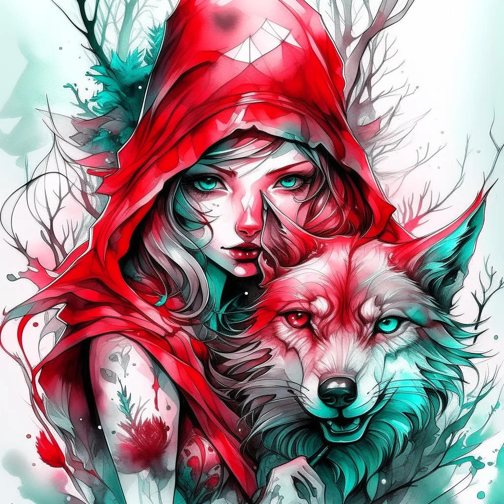 An over-detailed colored portrait of Little Red Riding Hood in a double exposure with an Wolf in enchanted forest, dark tone, high contrast, black ink splash art, Watercolor drawing with stunning transparent gradients and a characteristic over-detailed texture through which light breaks through, a clear and bright linework tattoo drawing, strokes of oil paint is applied on top of the watercolor. Concept art in the highest quality, 16K, Hyperrealistic, splash