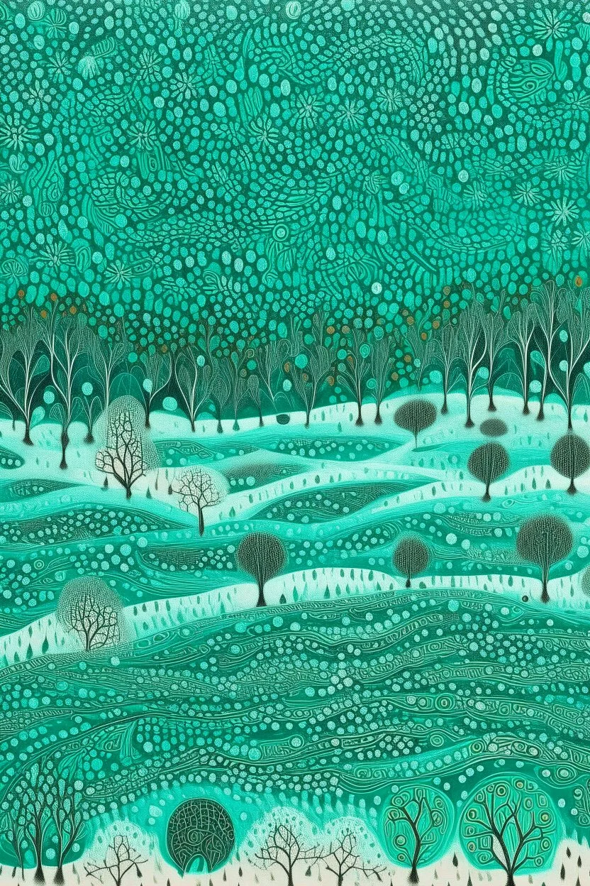 A bluish green tundra in winter season with falling snowflakes designed in Australian aboriginal art