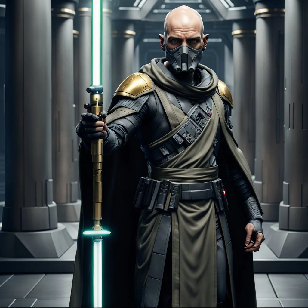 star wars bald male corellian pilot wearing pearlescent black and gunmetal grey First Order special forces heavy assault stealth commando armor and helmet with gold trim inside the jedi temple, hyperdetailed, dynamic lighting, hyperdetailed background, 8k resolution, volumetric lighting, light skin, fully symmetric details