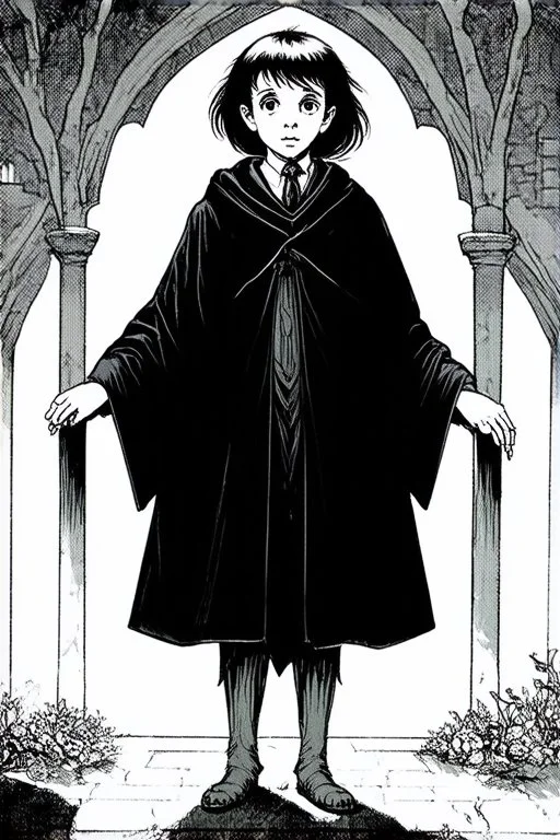 pallid 7 year old boy, necromancer, friendly,wearing black robes, with the lower body of a genie instead of legs, in the style of Harry Clarke