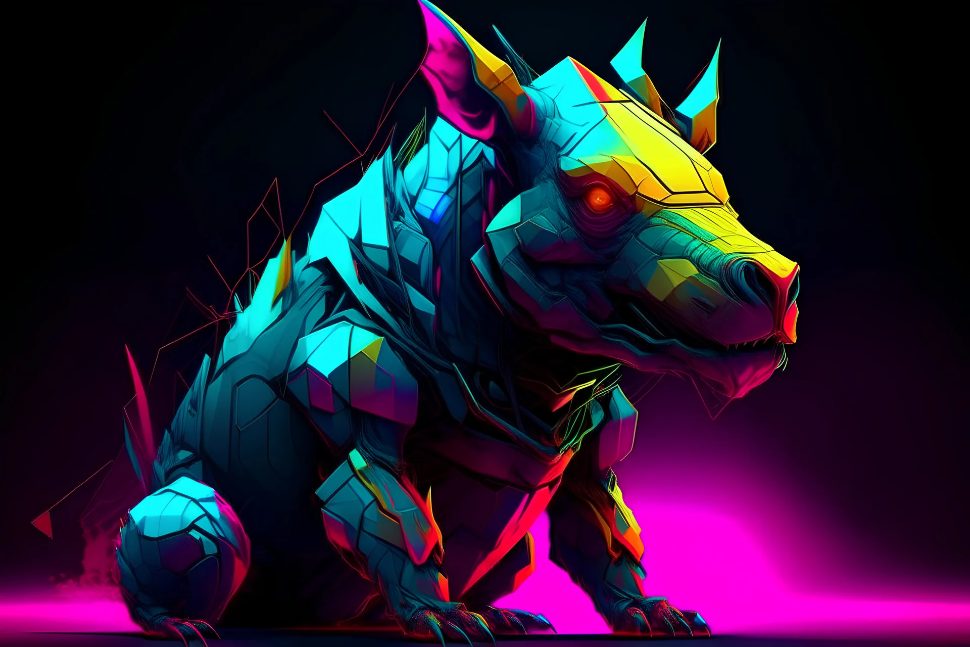 a creature with a fragmented and fractured body, giving it an unsettling and surreal appearance, illustration, synthwave punk colors