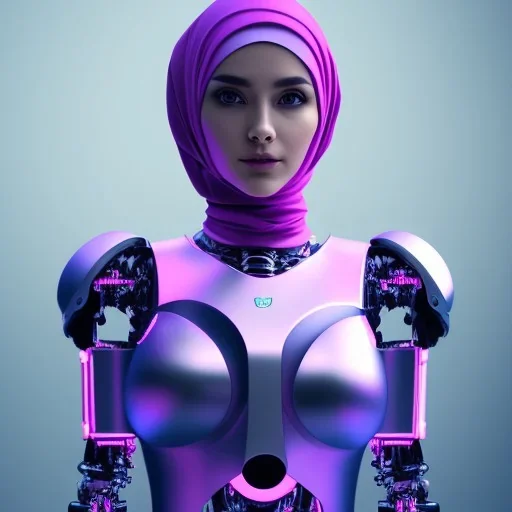 Cute hijab woman in a robotic suit,purple and pink backlight, profile