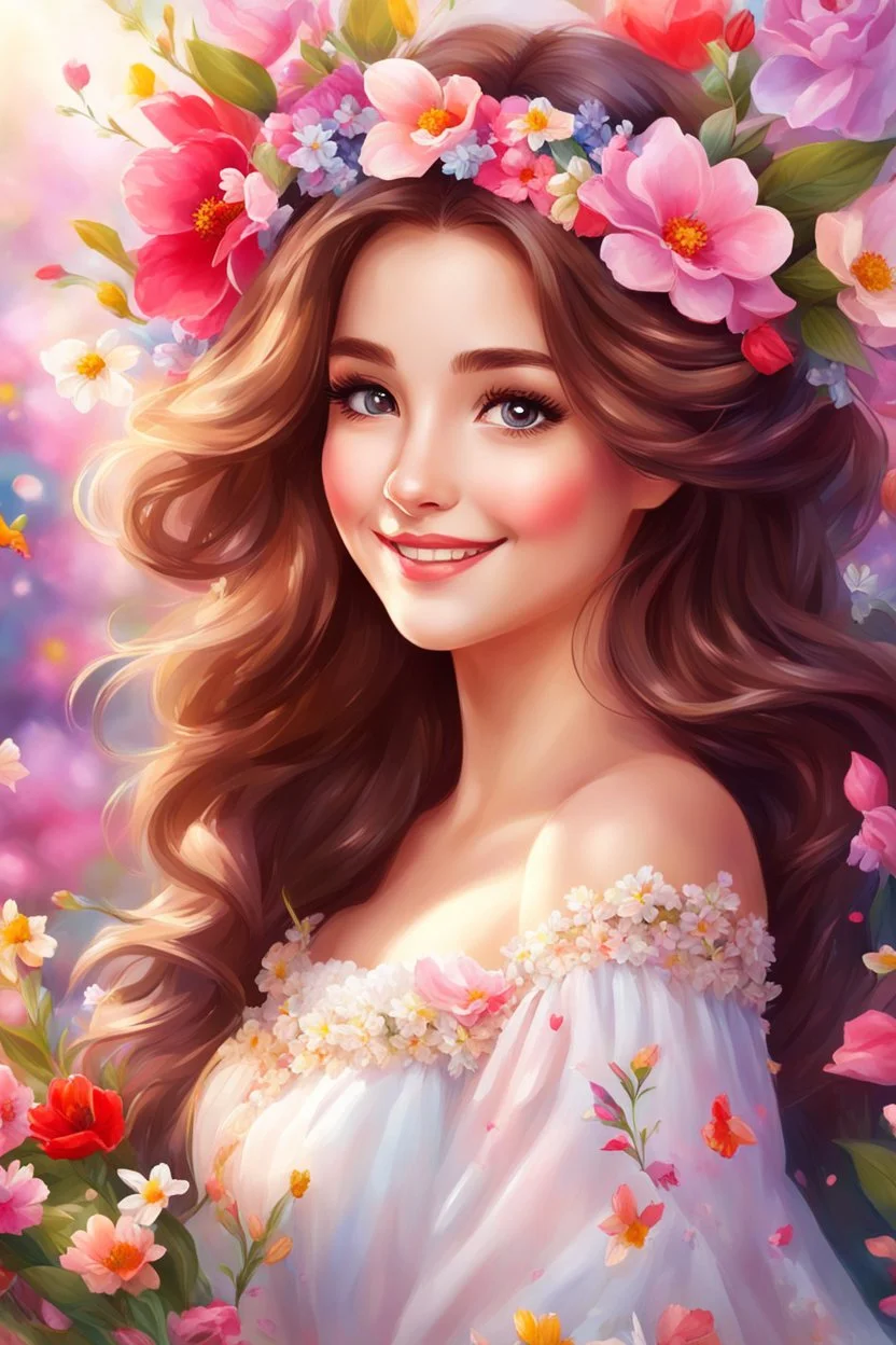 Adorable digital painting of a beautiful young girl fully dressed in gorgeous spring petals, portrait of Belle, magical wreaths, front view, beautiful smile, long brown hair, big eyes, beautiful face, rosy cheeks , red lips, Belle's face, digital art, surrounded by colorful spring flowers, beautiful scenery in the background, romantic style, magical world, high quality, 4k