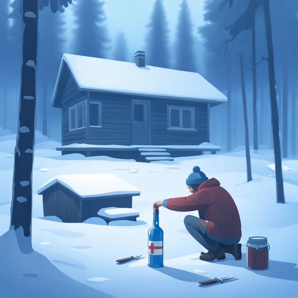 a sad depressed Finnish man without food on his plate, outside his house in the forest, Winter, snow, very cold, Finnish flag at half way up, Finnish flag, a bottle of Vodka in his hand, knifes and sauna, Simon Stålenhag style, empty vodka bottles on ground