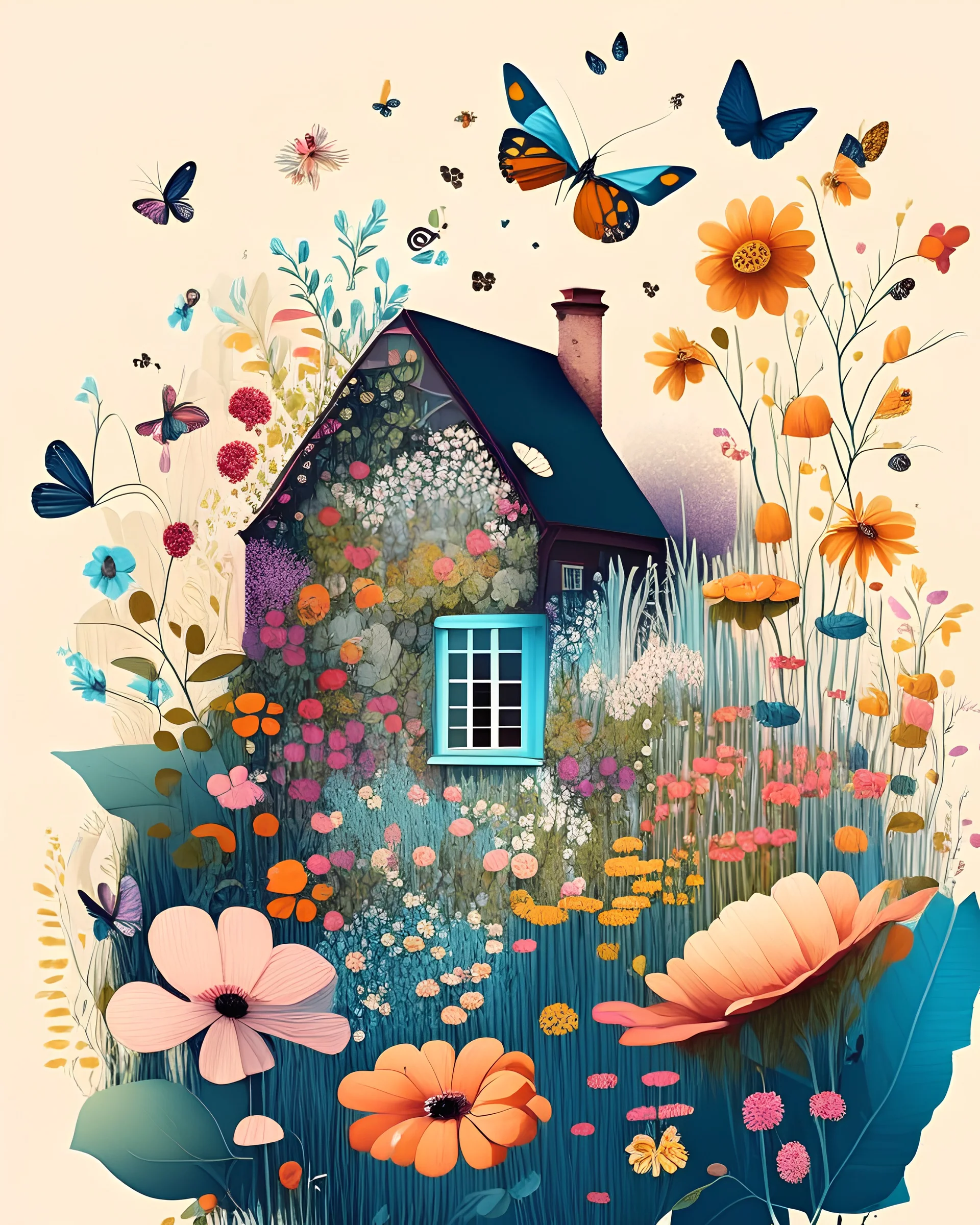 Illustration of a house in a garden with flowers and butterflies generative