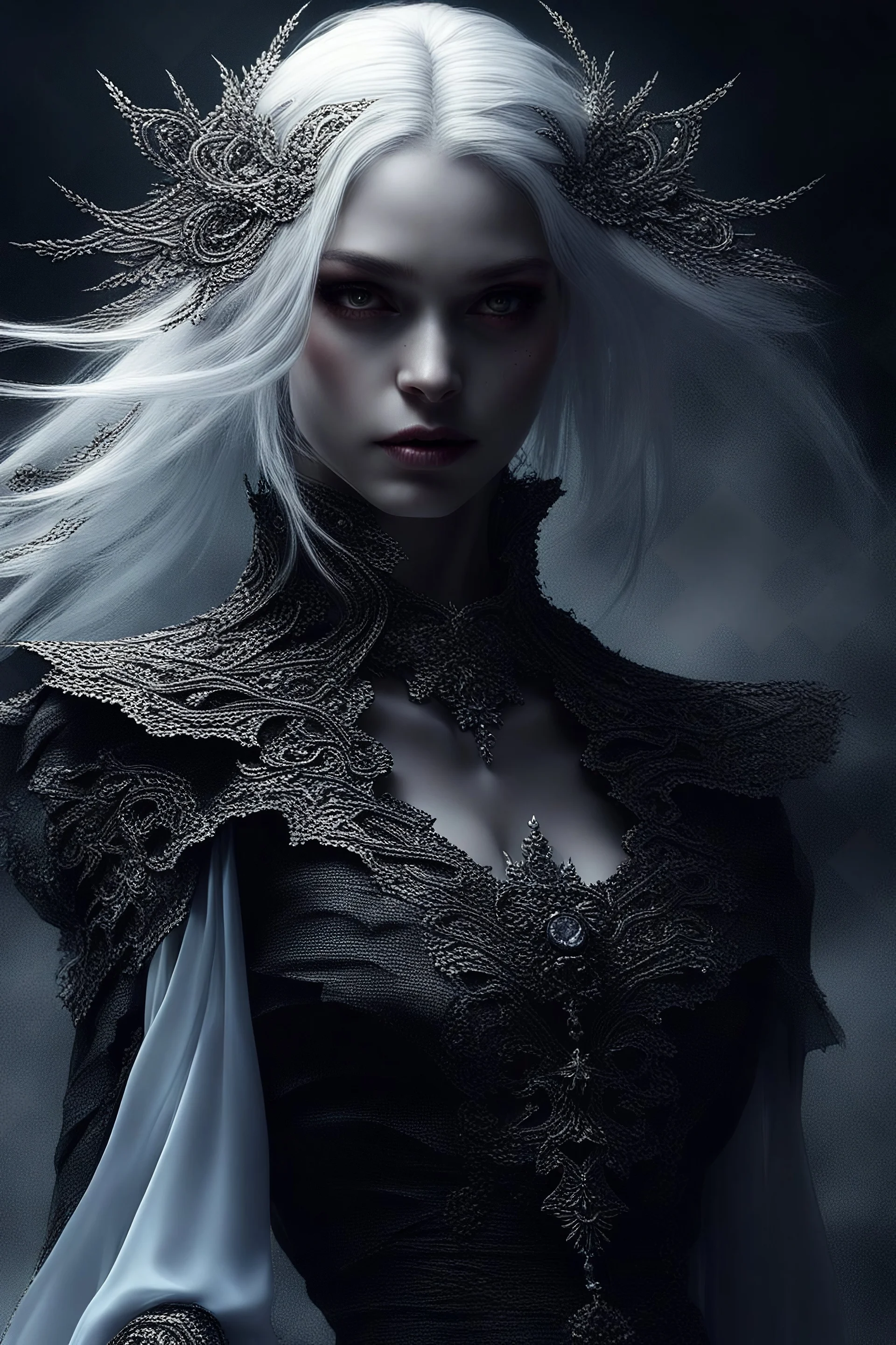 girl necromancer, white hair, black eyes, full scene shot, highly detailed, hd shot, fantasy, intricate, sharp focus, depth of field, best quality Awe-inspiring painting of Awe-striking Whispering Silken Shadows Core, where silk fabrics dance with lights and shadows, creating an atmosphere mystery around, perfect anatomy, captivating scene, centered, approaching perfection, dynamic, highly detailed, artstation, concept art, smooth, sharp focus, illustration, art by Luis Royo, Ryohei Hase, Agnes