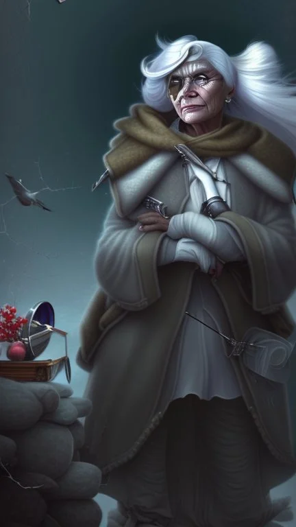 An old woman with white hair and an eye patch