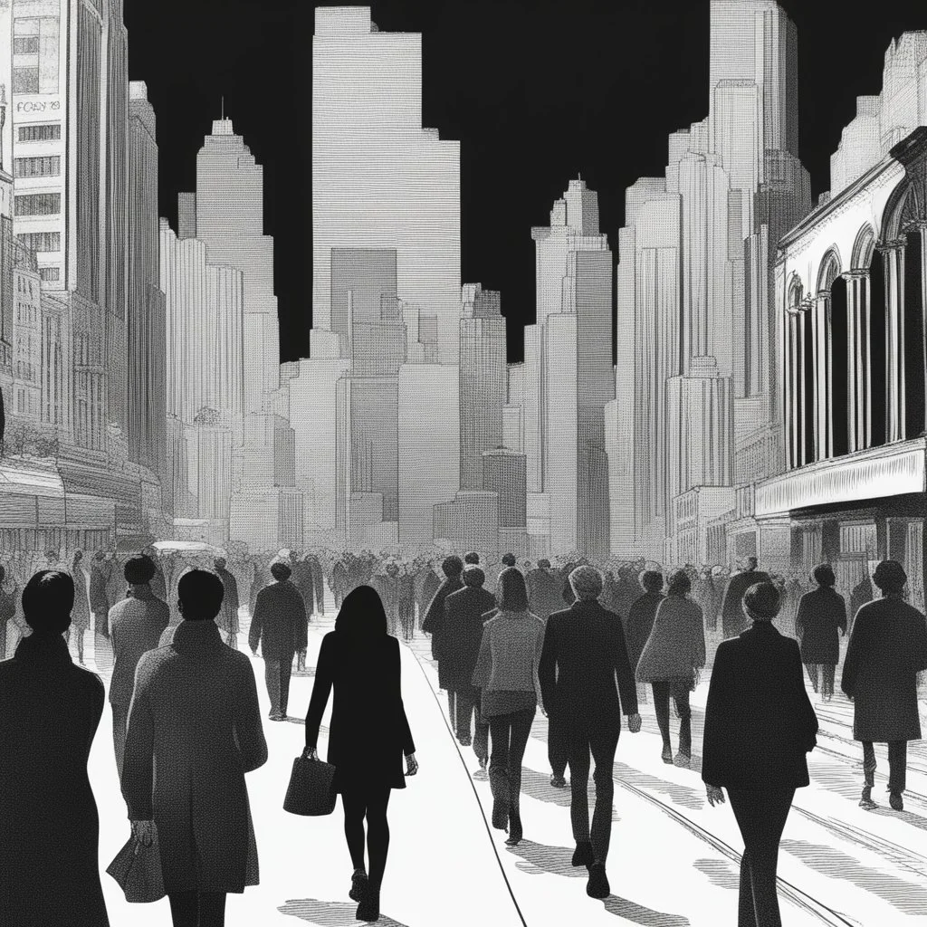 woman in the midle of a peatonal walk in e great city; behind her, unfocaused, other people walking, realism, black and white
