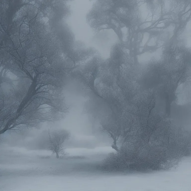 winter landscape, ice field, crystals, dreamlike, foggy, lost