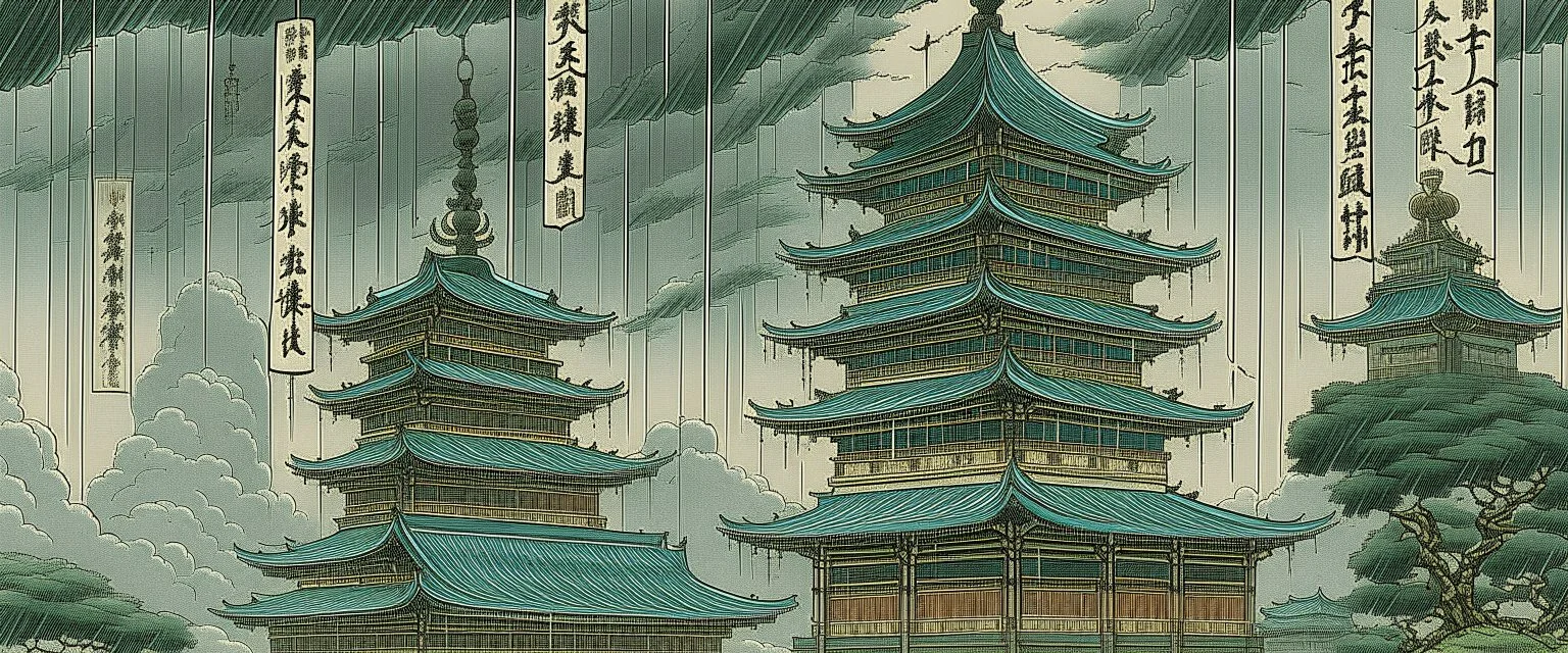 Gray towers with lightning painted by Utagawa Hiroshige