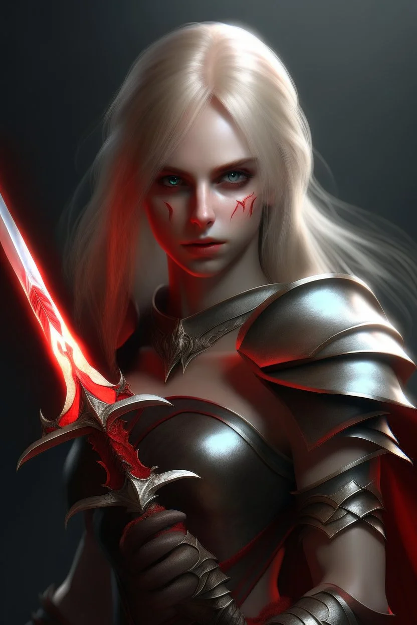 pretty woman, warrior, elf, blonde hair, fantasy, Skyrim, conventionally attractive, fighter, sword, elder scrolls, young, maternal, 3d render, conceptual art, poster, vampire, red eyes