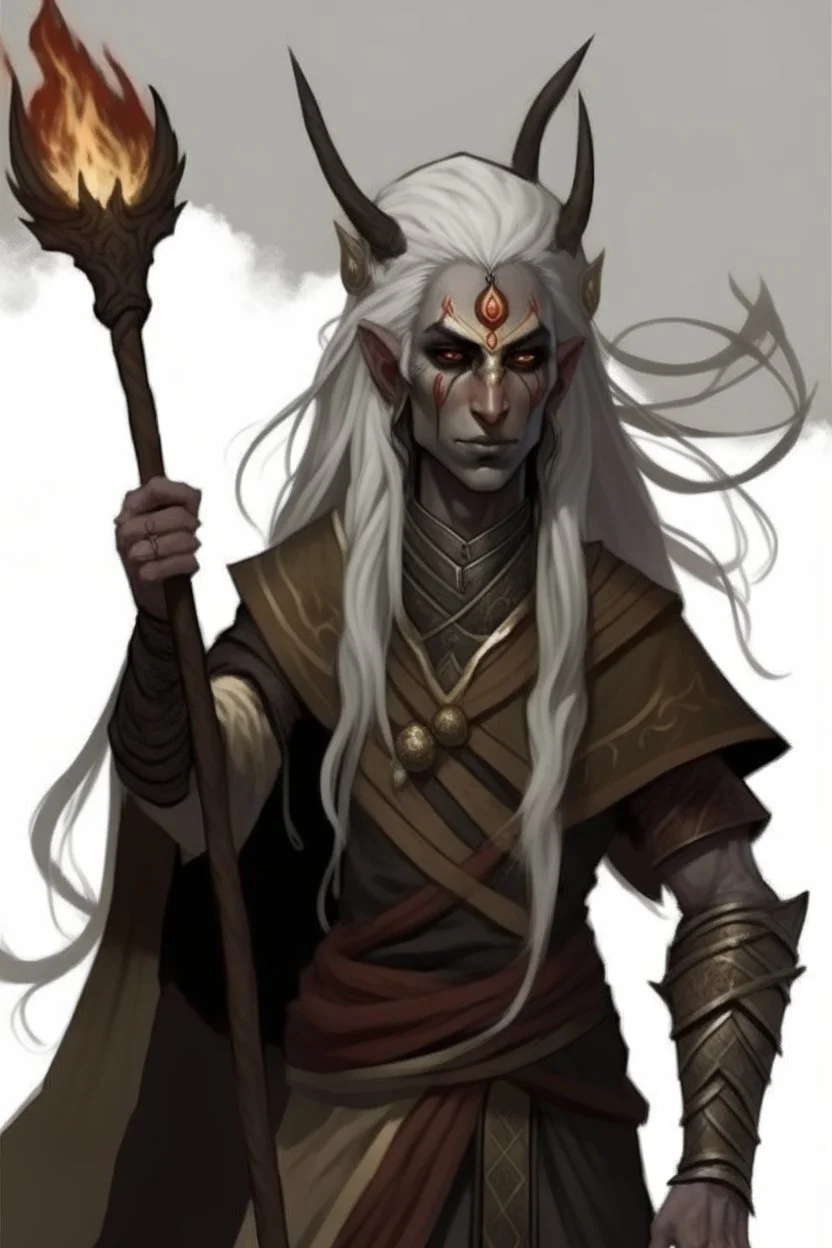 Ahs genasi from dnd with ashesen skin and asian flowing hair on head holding a spear in Monk attire with ash giant symbolism more ash less fire