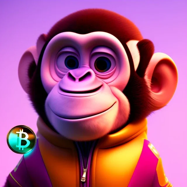 pixar style anamorphic cute monkey baby, smiling, gangsta gold neckless, full body, magenta puffer jacket, manila city backdrop, dramatic lighting, hyper-realistic, unreal engine 5, 16k. full detailed bitcoin