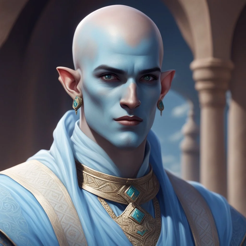 dnd, fantasy, cloud giant, portrait, face, close up, pale blue skin, clean shaven, bald, young, ascended, elegant, light elegant arabic clothes,