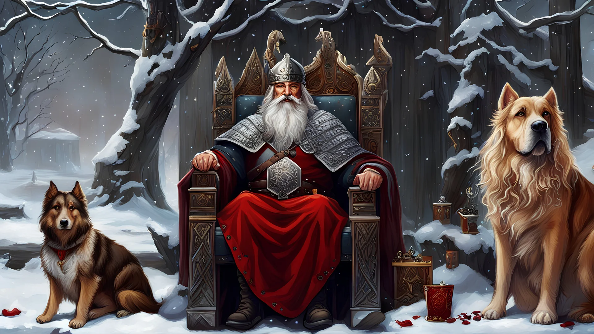 winter, a painting of a (1man:1.1) sitting in a chair next to a dog, epic viking king, official artwork hdr, red blood, intricate wlop, eeire, old gigachad with grey beard, a sexy blonde warrior, howard brodie, tarot card the fool, nationalist, imaginfx, old scroll, house, from of thrones, gungnir, anime picture, (intricate details:1.12), hdr, (intricate details, hyperdetailed:1.15), (natural skin texture, hyperrealism, soft light, sharp:1.2)