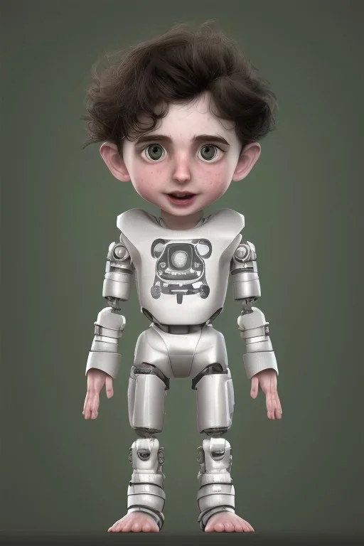 Timothee chalamet toddler, half robot, full body, jump, bokeh, hyper realistic