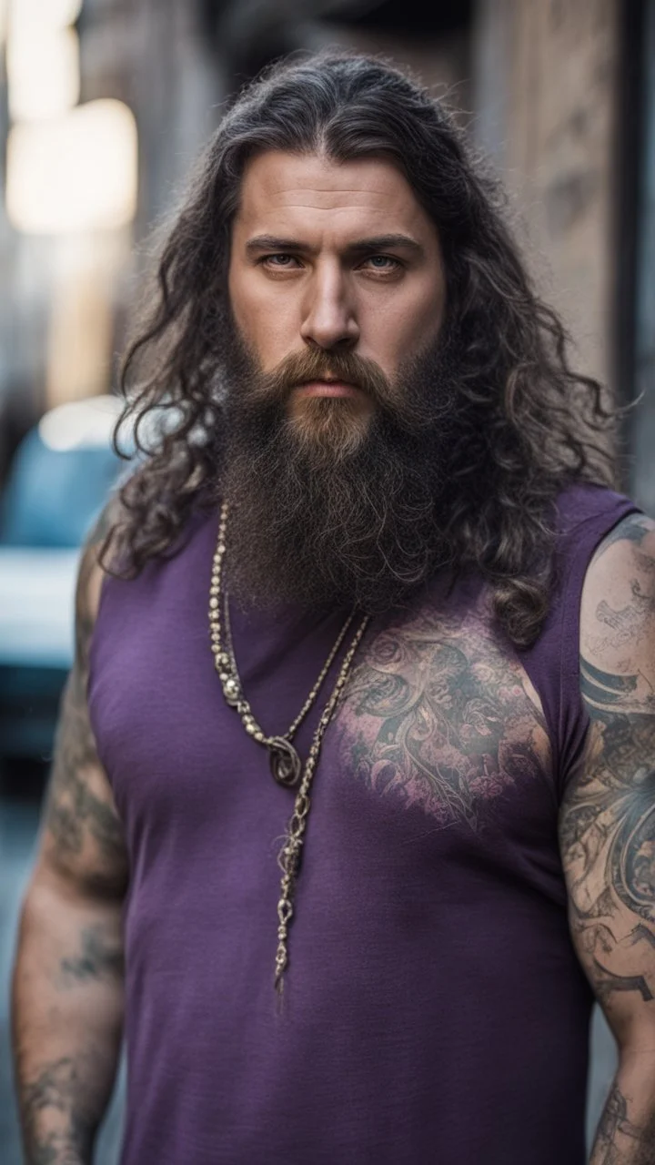 full figure photography of a hippy gipsy burly muscular chubby strong man 31 years old with long raided beard, shaved hair, tattoo, photorealistic ,dressed with a purple ripped t-shirt, side light, outdoor in a dirty street full of garbage