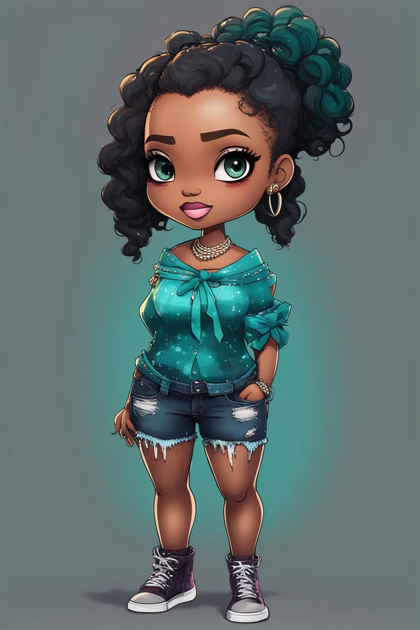 create a colorful digital urban culture art image 8k of a chibi curvy black female wearing torn jeans pants with fringe on the side and a teal-tie dye off the shoulder blouse. Prominent make up with hazel eyes. Highly detailed long WAVY PONYTAIL