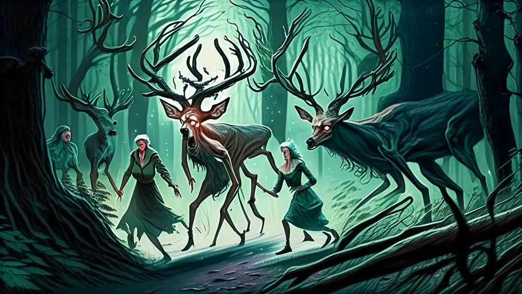 lovecraftian styled resurrected unhappy single deer chasing the older drunk lady through the forest while the survivors in his deer family watches with relief