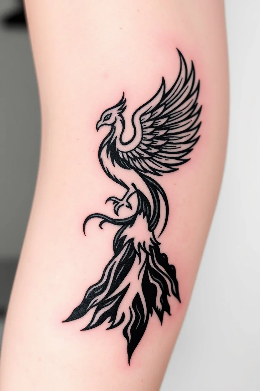 Tattoo of a Phoenix rising from volcano minimalist black and white modern